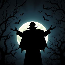 A haunting silhouette of a vampire standing against a full moon backdrop