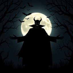 A haunting silhouette of a vampire standing against a full moon backdrop