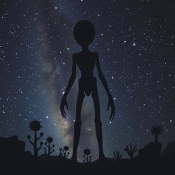 A striking silhouette of an alien figure standing against a starry night sky