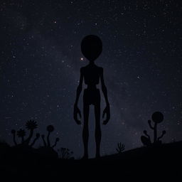 A striking silhouette of an alien figure standing against a starry night sky