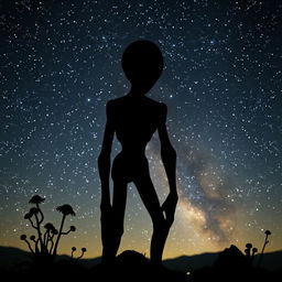 A striking silhouette of an alien figure standing against a starry night sky