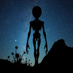 A striking silhouette of an alien figure standing against a starry night sky