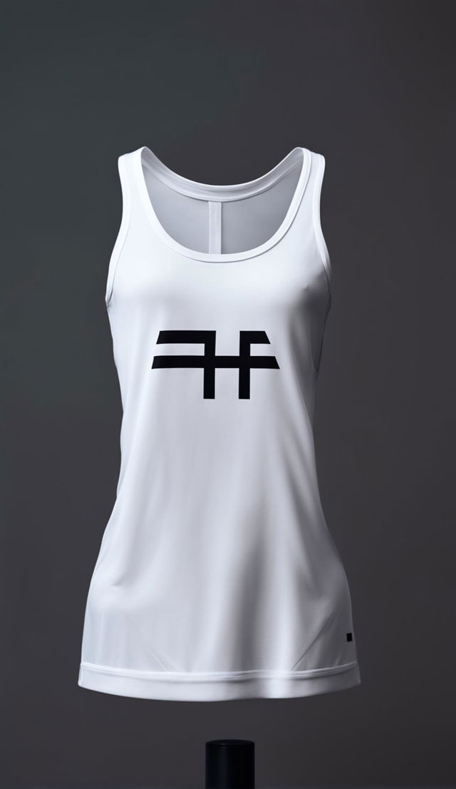 A sleeveless white tank top on an invisible mannequin with a minimal gym logo featuring crossed dumbbells on its chest. The backdrop is a muted gray with soft yet precise lighting.