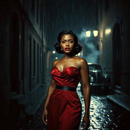 A captivating 1940s film noir scene featuring a leading black actress, dressed in an elegant vintage gown with bold red lipstick, exuding confidence and mystery