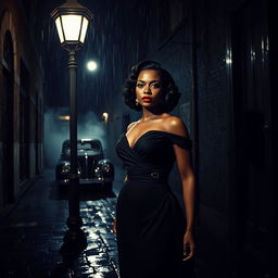 A captivating 1940s film noir scene featuring a leading black actress, dressed in an elegant vintage gown with bold red lipstick, exuding confidence and mystery