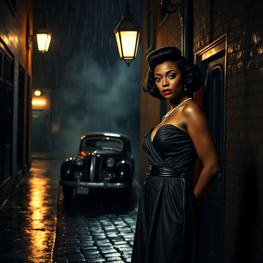 A captivating 1940s film noir scene featuring a leading black actress, dressed in an elegant vintage gown with bold red lipstick, exuding confidence and mystery