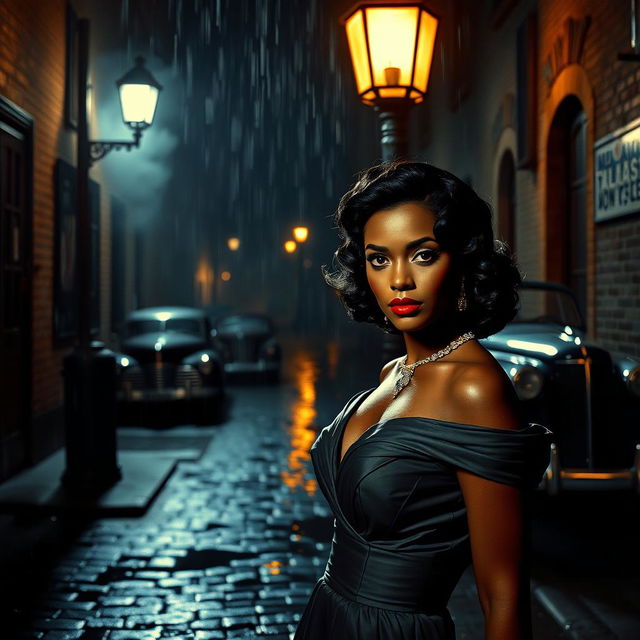 A captivating 1940s film noir scene featuring a leading black actress, dressed in an elegant vintage gown with bold red lipstick, exuding confidence and mystery