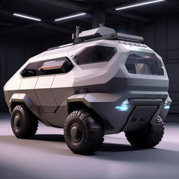 A futuristic military van presenting technologically advanced equipment, sturdy armored exterior, and streamlined design.