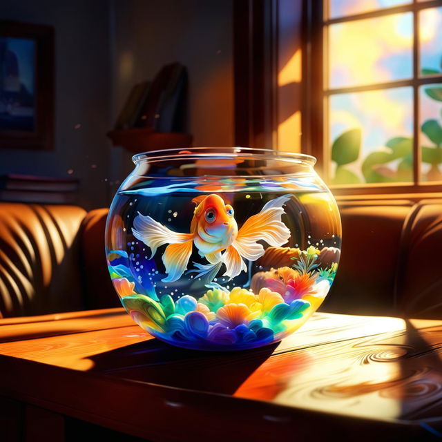 A vibrant Pixar-style scene featuring a happy goldfish swimming in a sunlit bowl in a cozy living room.