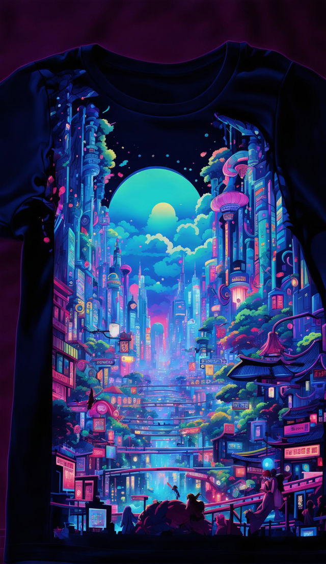 Vibrant anime-style T-shirt design featuring a neon cityscape bustling with diverse characters and activity.