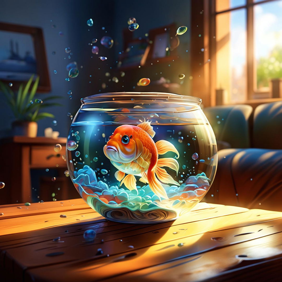 A Pixar-style scene with an adorable goldfish in a sunlit bowl in a cozy living room, radiating Pixar charm.