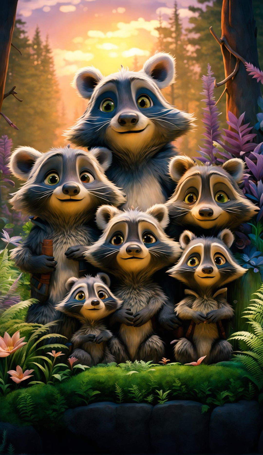 A highly stylized image of a raccoon family in the forest during sunset under cloudy weather, depicted in the style of Disney Pixar.