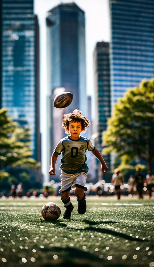 A high-resolution photograph of a young boy playing football in an urban park with blurred skyscrapers in the background. The image uses dramatic lighting and a shallow depth of field for a dynamic effect.