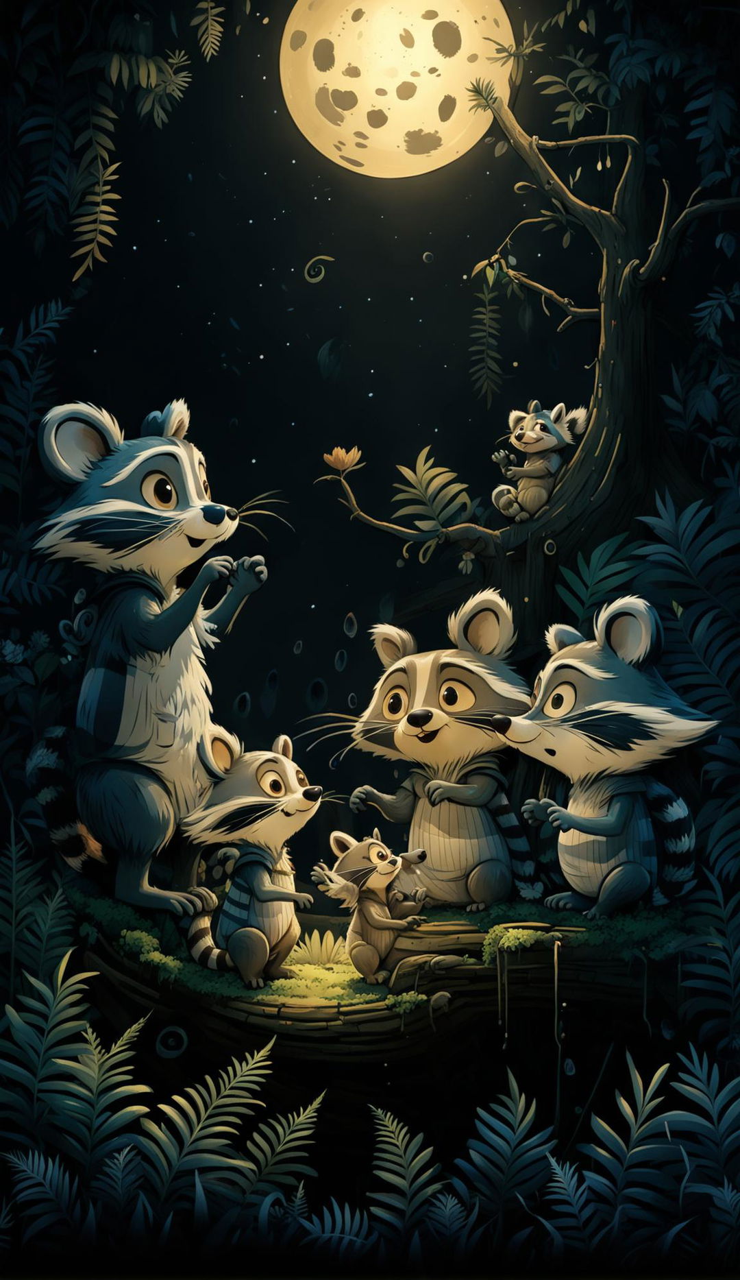 A Disney Pixar-style animation of a raccoon family playing in a moonlit forest.