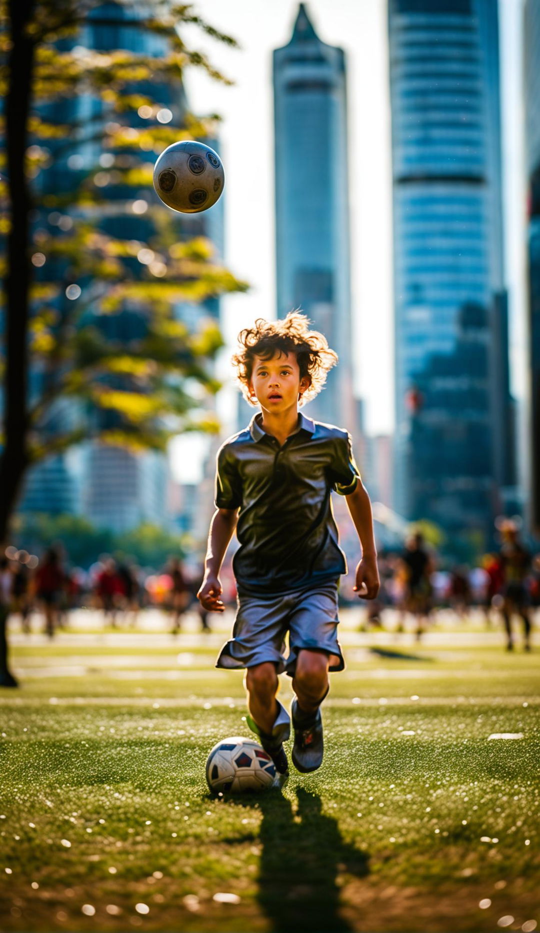 A realistic photograph of a young boy playing football in an urban park with blurred skyscrapers in the background. The image uses dramatic lighting and a shallow depth of field for a dynamic effect.