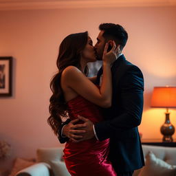 A sensual, intimate scene featuring a couple sharing a passionate kiss in a softly lit room