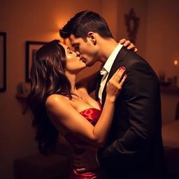 A sensual, intimate scene featuring a couple sharing a passionate kiss in a softly lit room