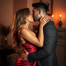 A sensual, intimate scene featuring a couple sharing a passionate kiss in a softly lit room