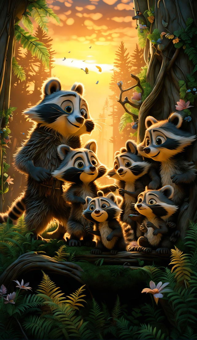 A Disney Pixar-style animation of a raccoon family in a sunset-lit forest.