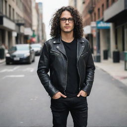 A handsome man with long black curly hair, wearing black glasses and a leather jacket with ripped jeans and boots, standing on a busy downtown street.