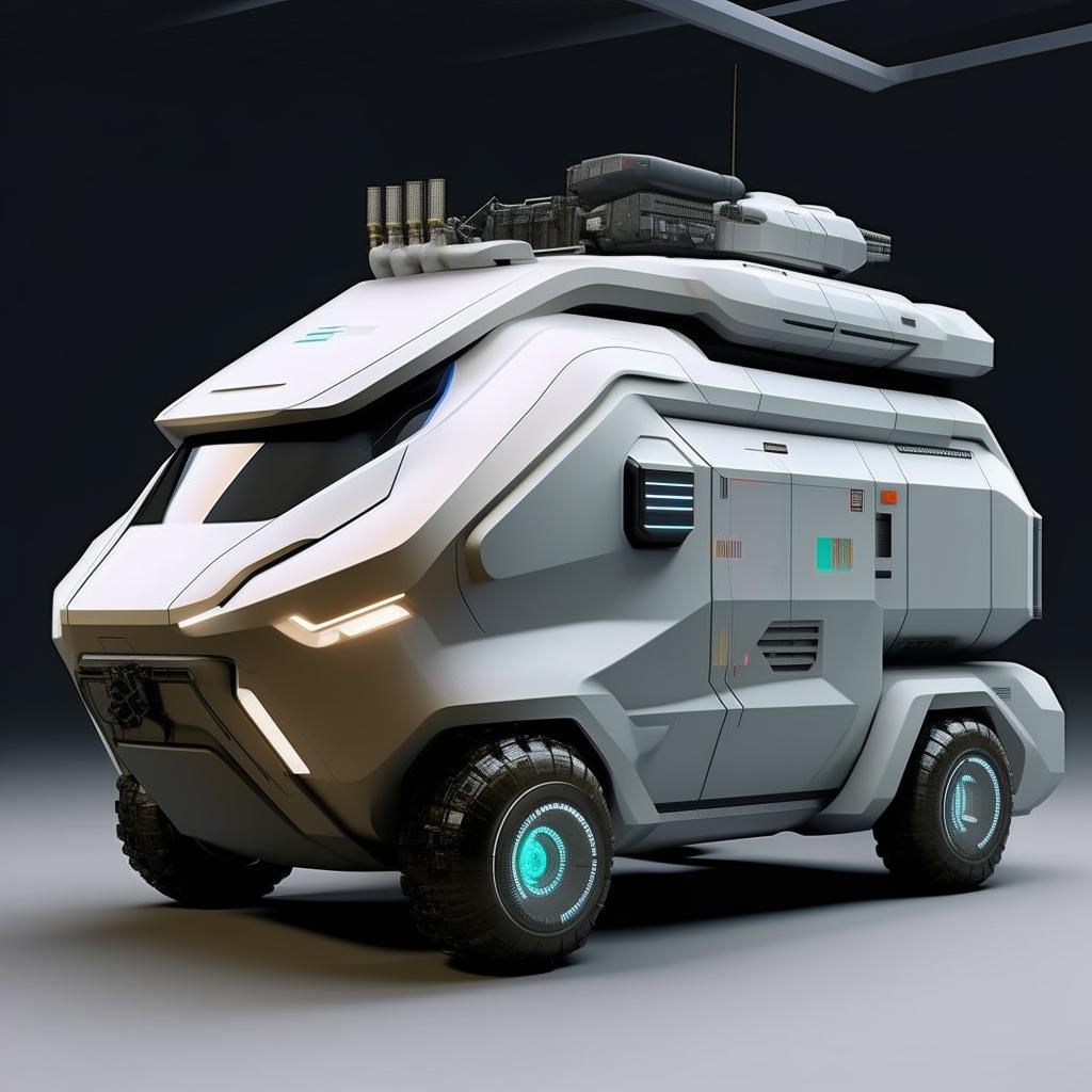 A futuristic military van presenting technologically advanced equipment, sturdy armored exterior, and streamlined design.