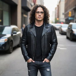 A handsome man with long black curly hair, wearing black glasses and a leather jacket with ripped jeans and boots, standing on a busy downtown street.