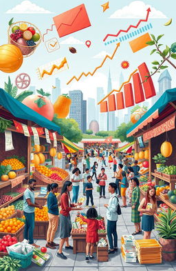 An artistic representation of various economic concepts, showing a lively marketplace filled with diverse goods and people engaging in commerce