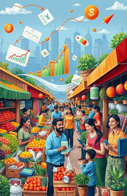 An artistic representation of various economic concepts, showing a lively marketplace filled with diverse goods and people engaging in commerce