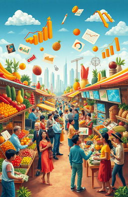 An artistic representation of various economic concepts, showing a lively marketplace filled with diverse goods and people engaging in commerce