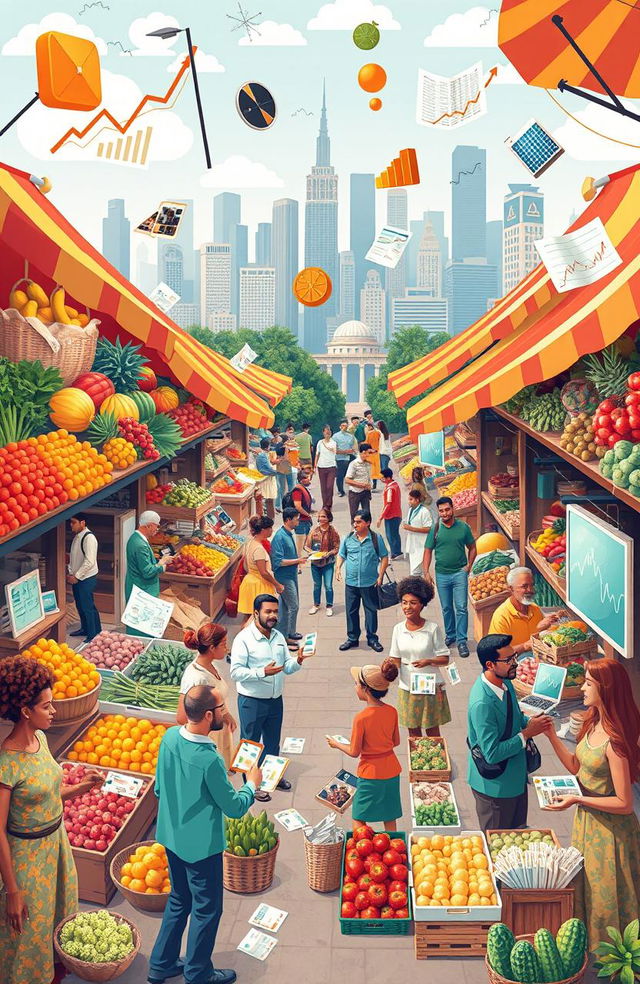 An artistic representation of various economic concepts, showing a lively marketplace filled with diverse goods and people engaging in commerce