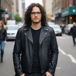 A handsome man with long black curly hair, wearing black glasses and a leather jacket with ripped jeans and boots, standing on a busy downtown street.