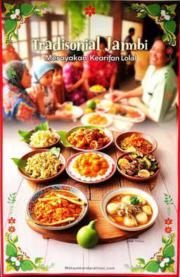 An educational poster showcasing traditional Jambi cuisine, highlighting famous dishes such as 'Pempek', 'Soto Jambi', and 'Rendang Jambi'