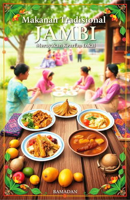 An educational poster showcasing traditional Jambi cuisine, highlighting famous dishes such as 'Pempek', 'Soto Jambi', and 'Rendang Jambi'