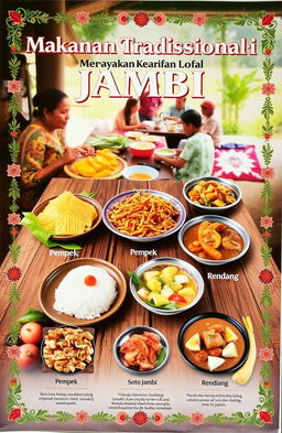 An educational poster showcasing traditional Jambi cuisine, highlighting famous dishes such as 'Pempek', 'Soto Jambi', and 'Rendang Jambi'