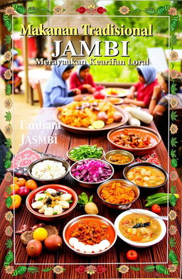 An educational poster showcasing traditional Jambi cuisine, highlighting famous dishes such as 'Pempek', 'Soto Jambi', and 'Rendang Jambi'