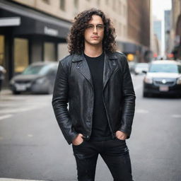 A handsome man with long black curly hair, wearing black glasses and a leather jacket with ripped jeans and boots, standing on a busy downtown street.