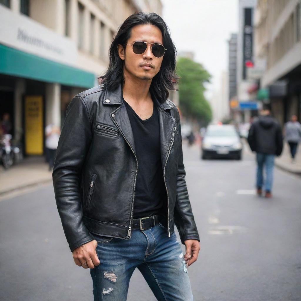 A handsome Indonesian man with long black hair, wearing sunglasses and a leather jacket, ripped jeans and boots, standing on a busy downtown street.