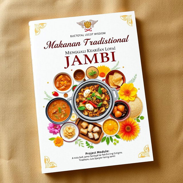 A detailed project module cover for an educational initiative about local wisdom, focusing on traditional Jambi cuisine