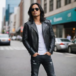 A handsome Indonesian man with long black hair, wearing sunglasses and a leather jacket, ripped jeans and boots, standing on a busy downtown street.