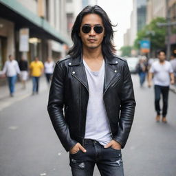 A handsome Indonesian man with long black hair, wearing sunglasses and a leather jacket, ripped jeans and boots, standing on a busy downtown street.