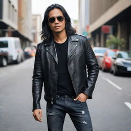 A handsome Indonesian man with long black hair, wearing sunglasses and a leather jacket, ripped jeans and boots, standing on a busy downtown street.