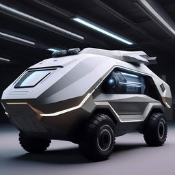 A futuristic military van presenting technologically advanced equipment, sturdy armored exterior, and streamlined design.