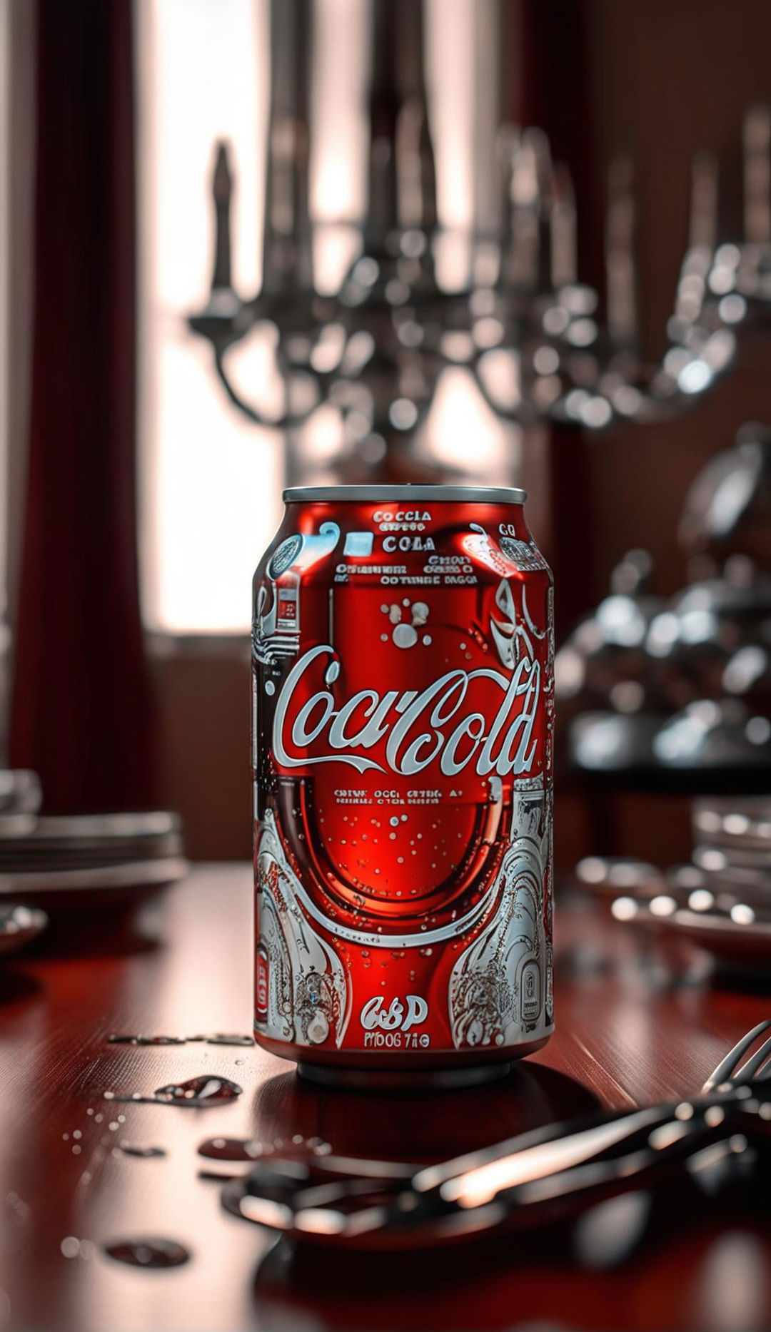 A photorealistic can of Coca-Cola sits on a polished mahogany dining table, surrounded by fine china and silverware under soft, dramatic lighting.