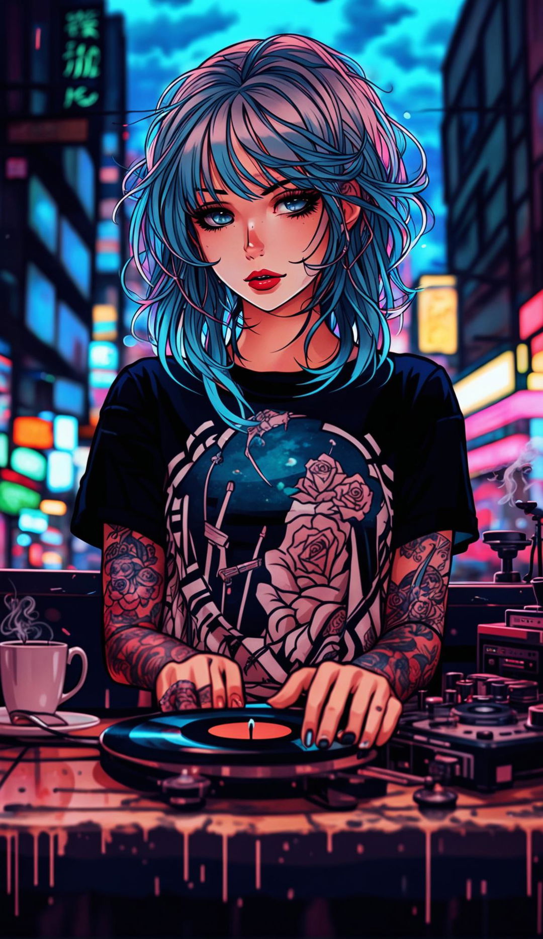 Vibrant anime art of a lofi girl with emo tattoos in a cityscape setting. She's wearing a T-shirt featuring a skull and roses design, sitting at a table with a vinyl record player and coffee.