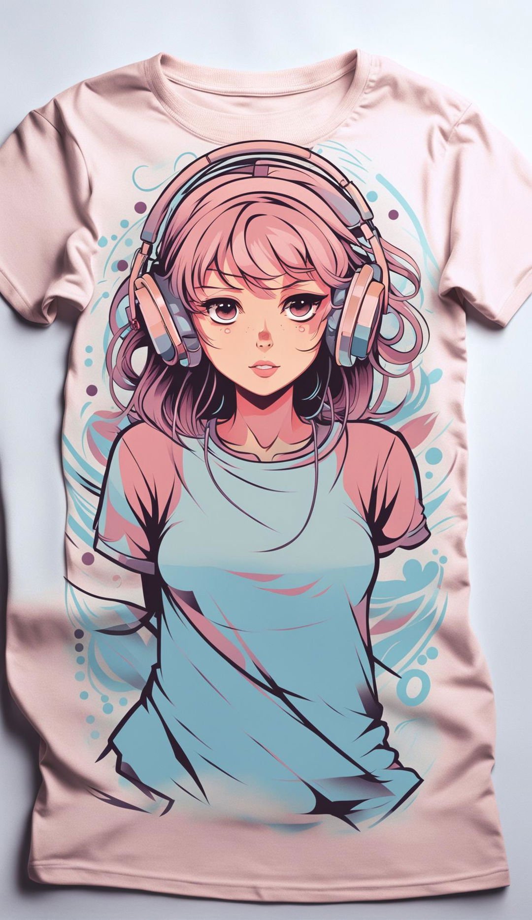 A grey t-shirt featuring a pastel-colored anime design of the lofi girl in a relaxed pose with headphones and an open notebook.