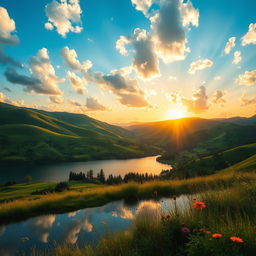 A stunning high-resolution photograph of a serene landscape, featuring rolling green hills under a vibrant blue sky filled with fluffy white clouds