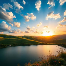 A stunning high-resolution photograph of a serene landscape, featuring rolling green hills under a vibrant blue sky filled with fluffy white clouds