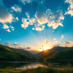 A stunning high-resolution photograph of a serene landscape, featuring rolling green hills under a vibrant blue sky filled with fluffy white clouds