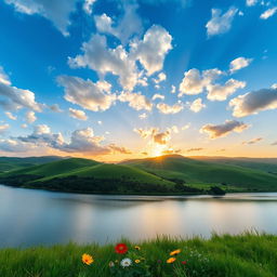 A stunning high-resolution photograph of a serene landscape, featuring rolling green hills under a vibrant blue sky filled with fluffy white clouds