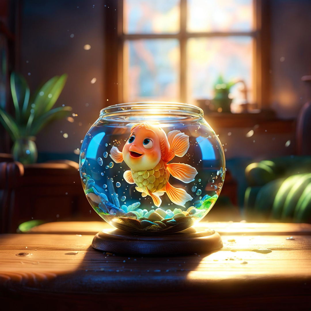 An irresistibly charming goldfish in a Pixar-style scene within a sunlit cozy living room, embodying quintessential Pixar charm.